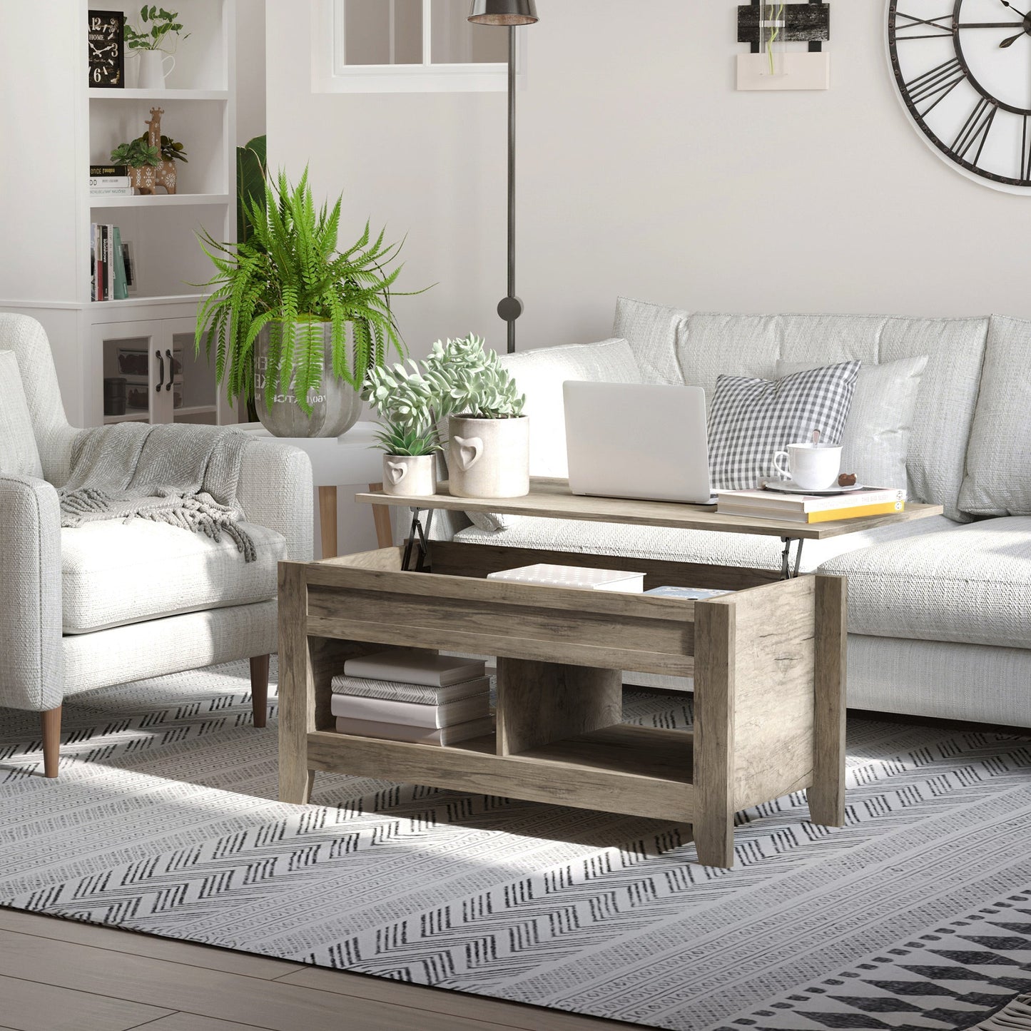 HOMCOM Lift Top Coffee Table with Hidden Storage Compartment, Lift Tabletop Pop-Up Center Table for Living Room