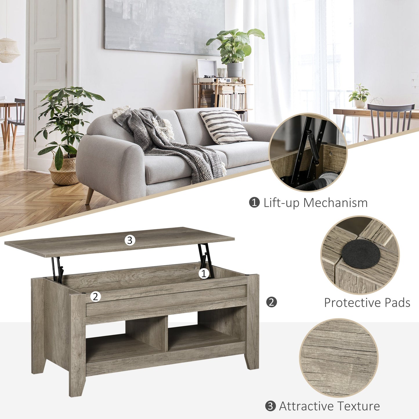 HOMCOM Lift Top Coffee Table with Hidden Storage Compartment, Lift Tabletop Pop-Up Center Table for Living Room
