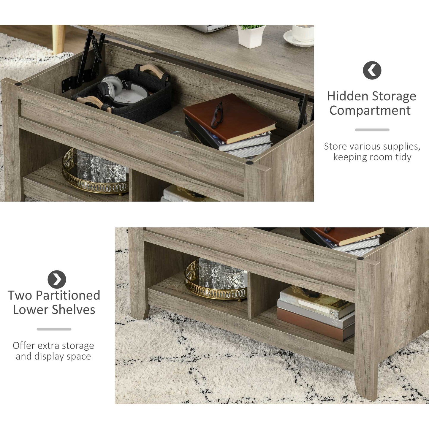 HOMCOM Lift Top Coffee Table with Hidden Storage Compartment, Lift Tabletop Pop-Up Center Table for Living Room