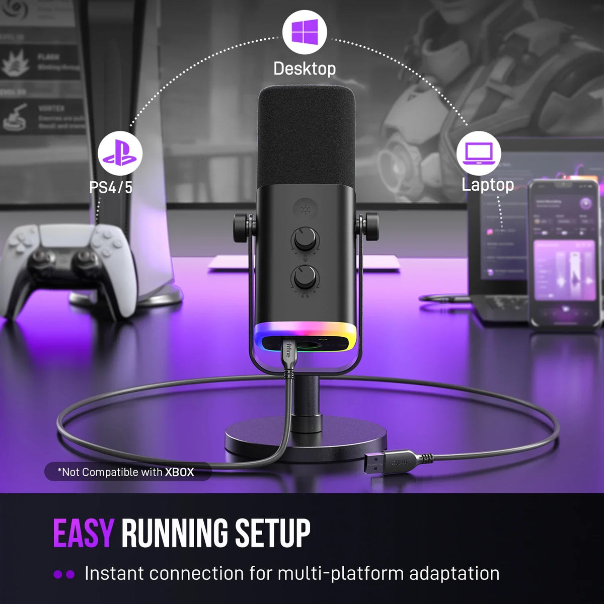 PC Gaming & Streaming USB/XLR Dynamic Microphone - RGB Lights for Recording & Podcasting