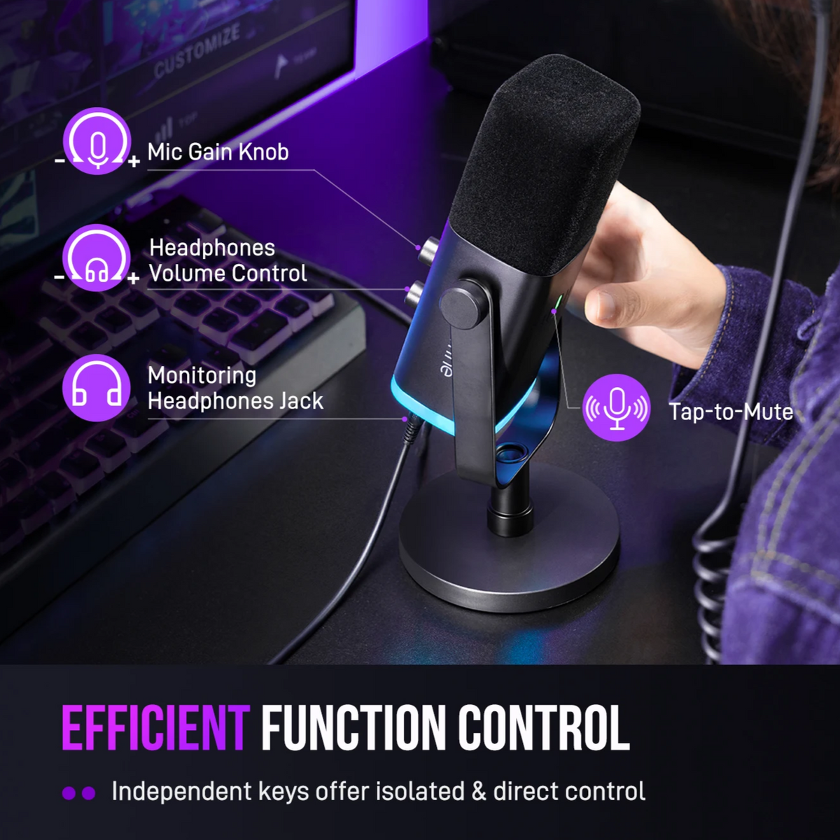PC Gaming & Streaming USB/XLR Dynamic Microphone - RGB Lights for Recording & Podcasting