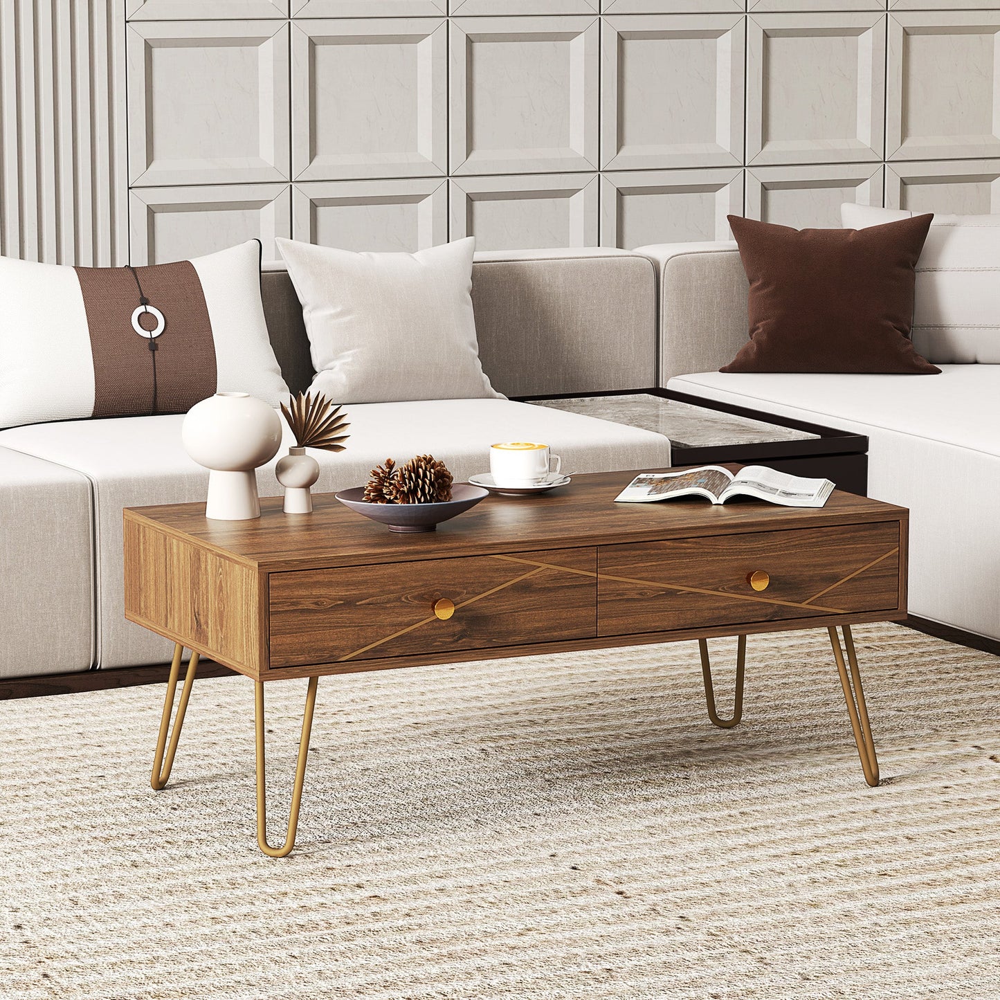 HOMCOM Coffee Table with Drawers, Living Room Table with Steel Base