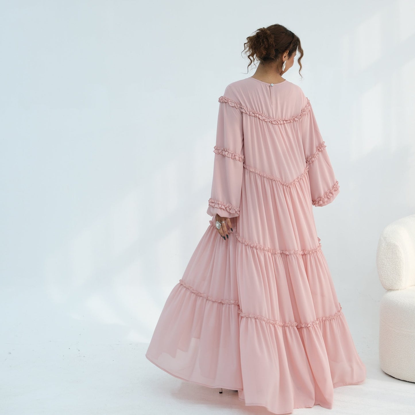 Lace-Trimmed Tiered Modest Dress - Long Sleeve A-Line Maxi