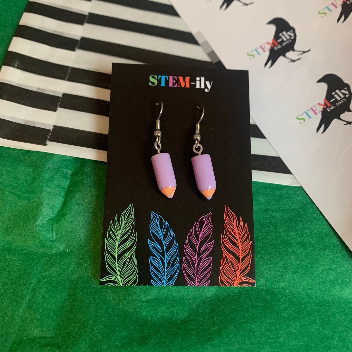 Cute miniature colourful quirky pencil stationary silver earrings on hypoallergenic surgical steel hooks