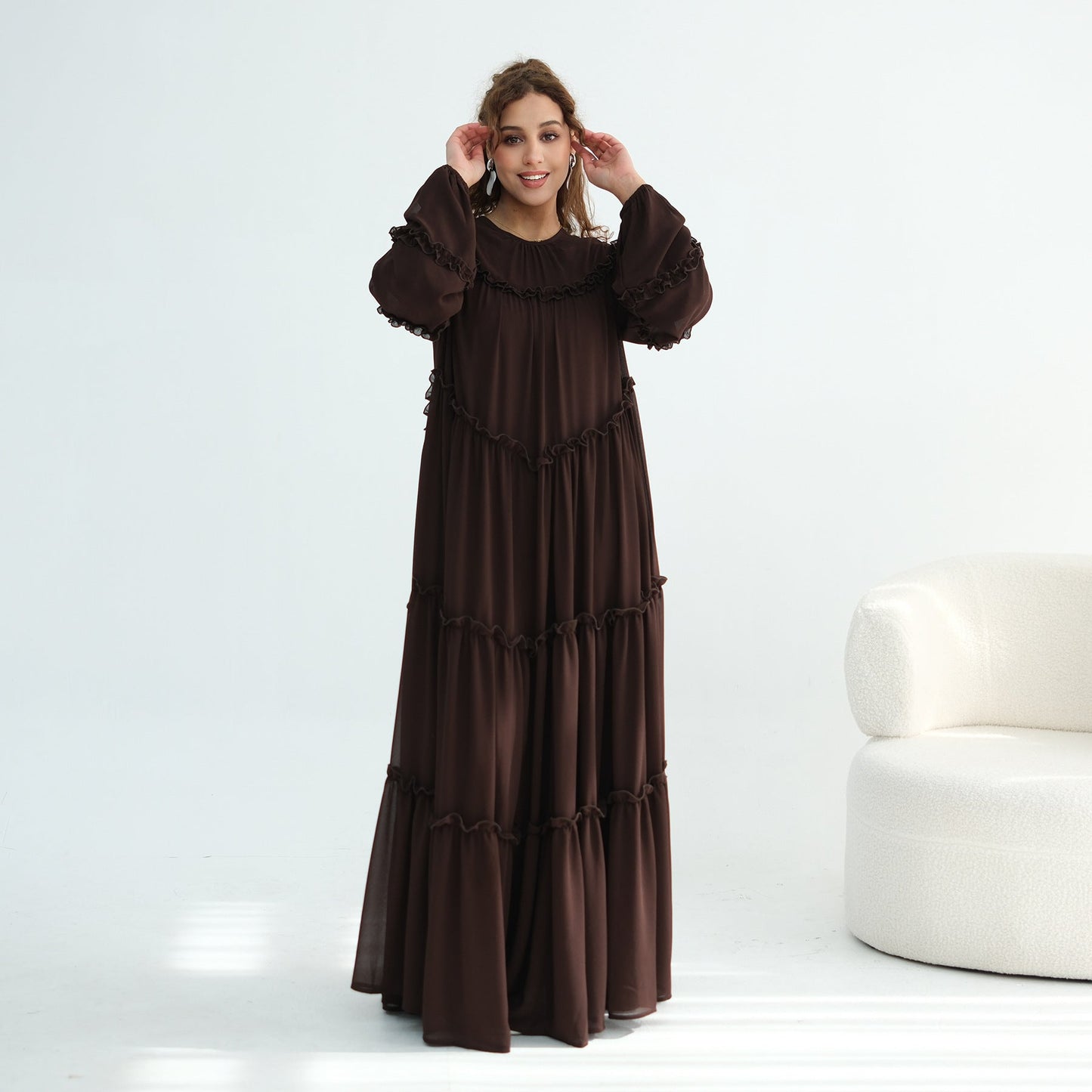 Lace-Trimmed Tiered Modest Dress - Long Sleeve A-Line Maxi