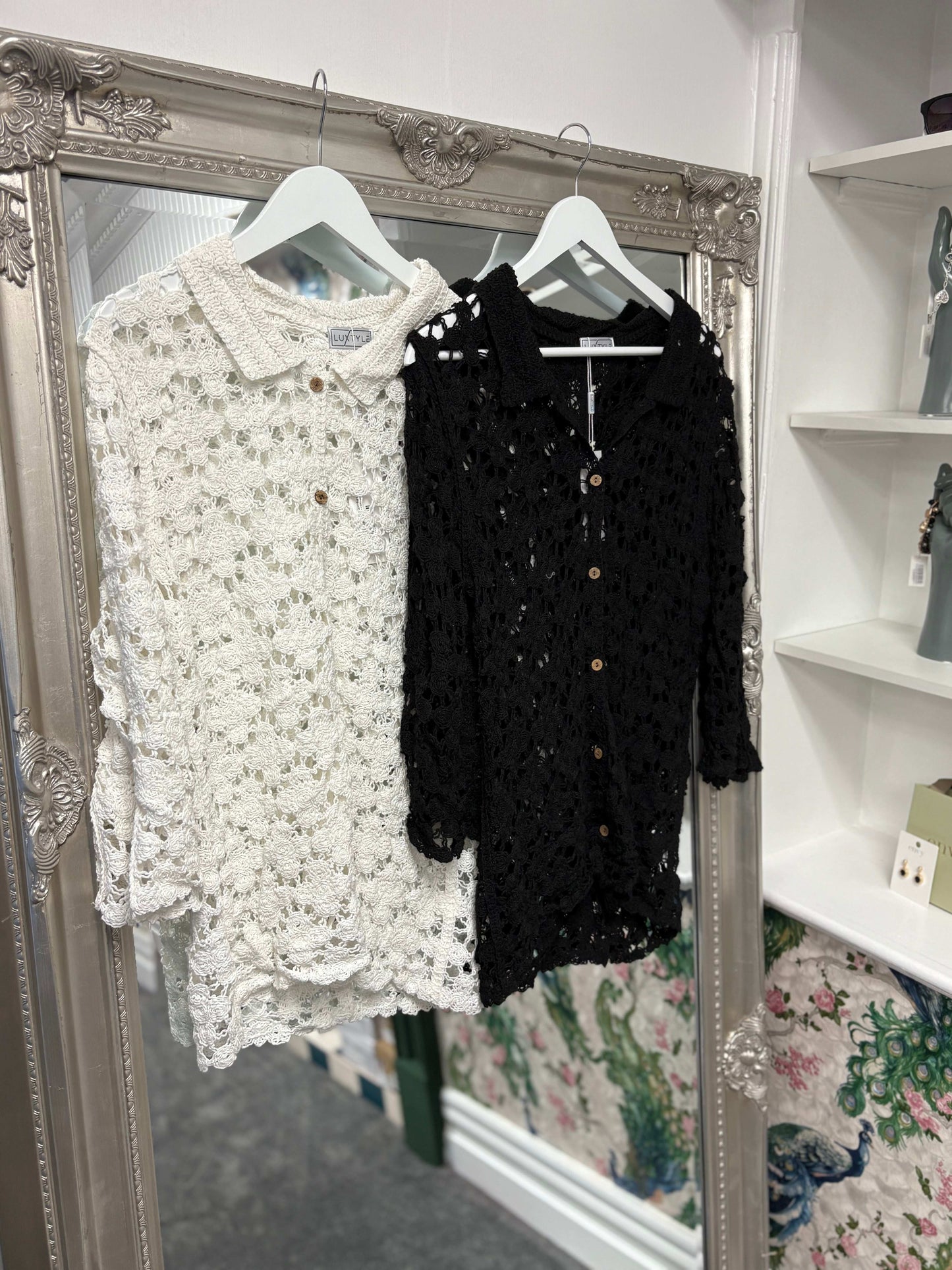 Luxtyle Flower Crochet Shirt | Sheer Lace Button Blouse | One Size Fits 8–14/16