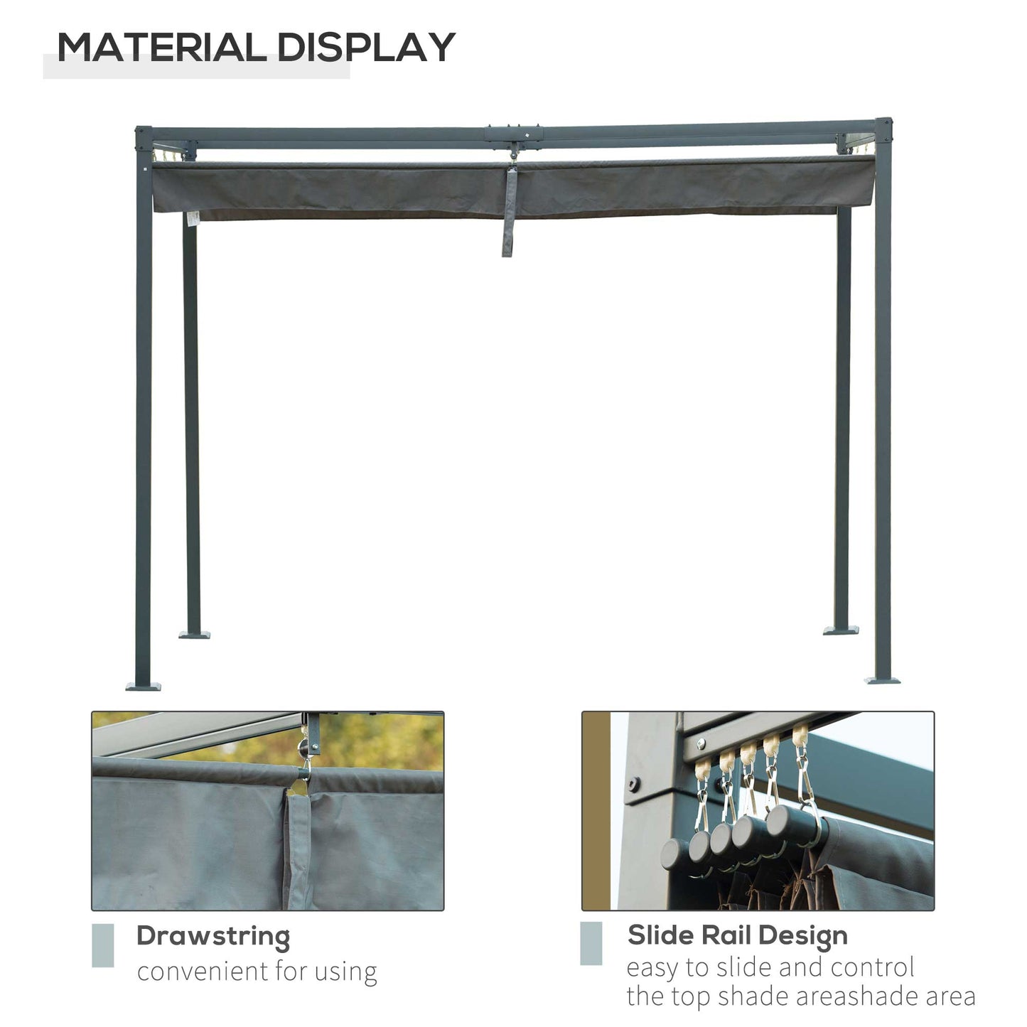 Metal Pergola Gazebo Patio Sun Shelter Grape Tent Retractable Canopy Grey