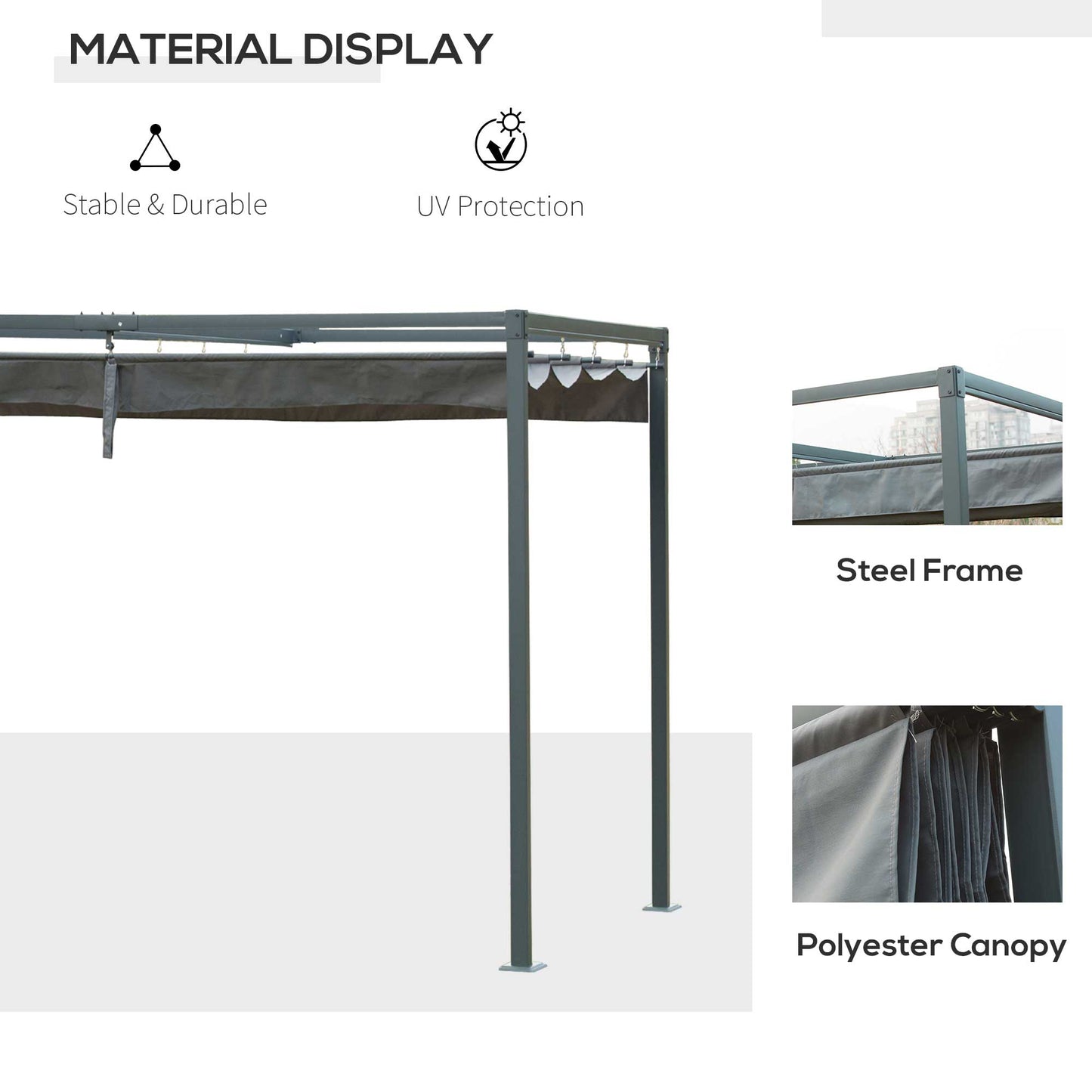 Metal Pergola Gazebo Patio Sun Shelter Grape Tent Retractable Canopy Grey