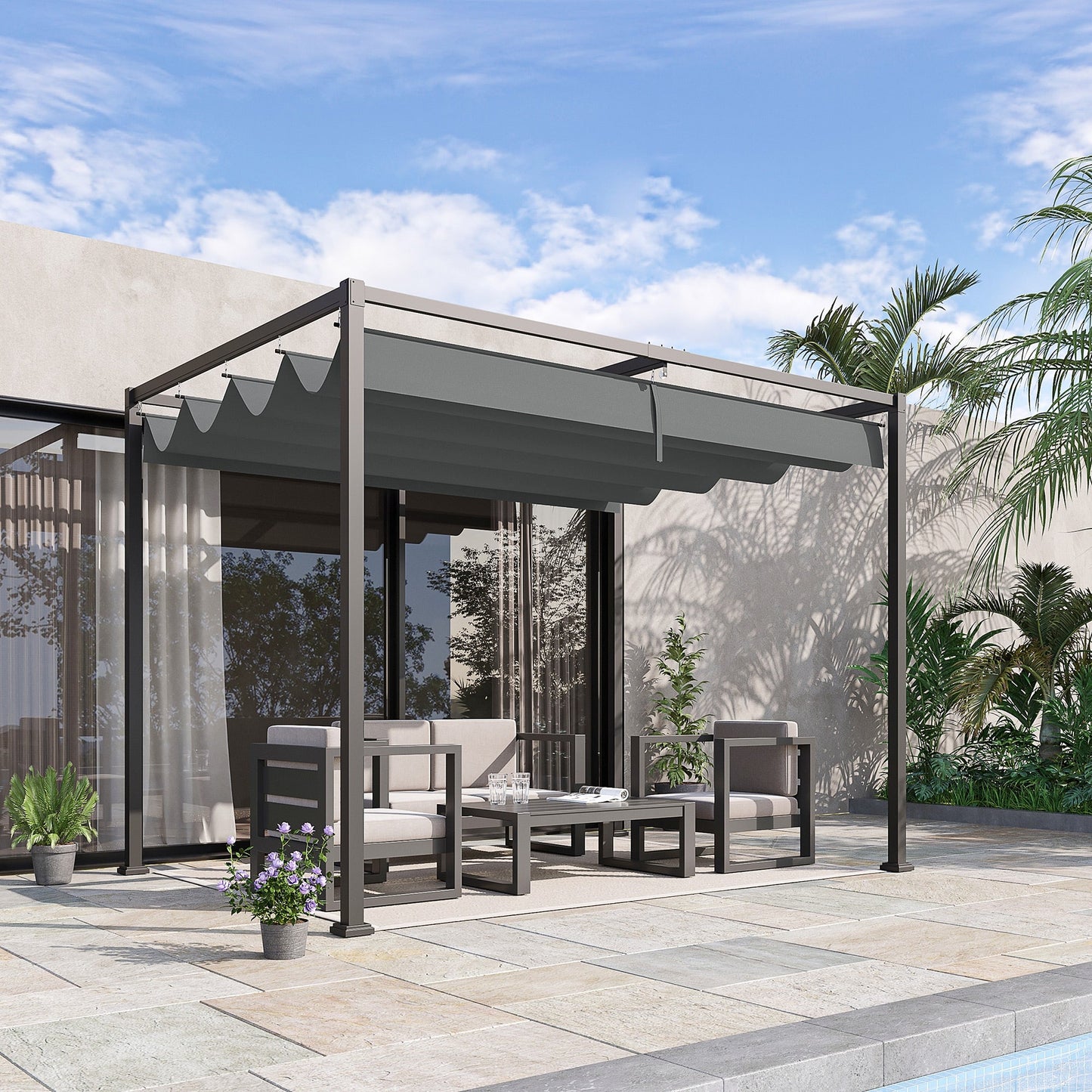 Metal Pergola Gazebo Patio Sun Shelter Grape Tent Retractable Canopy Grey