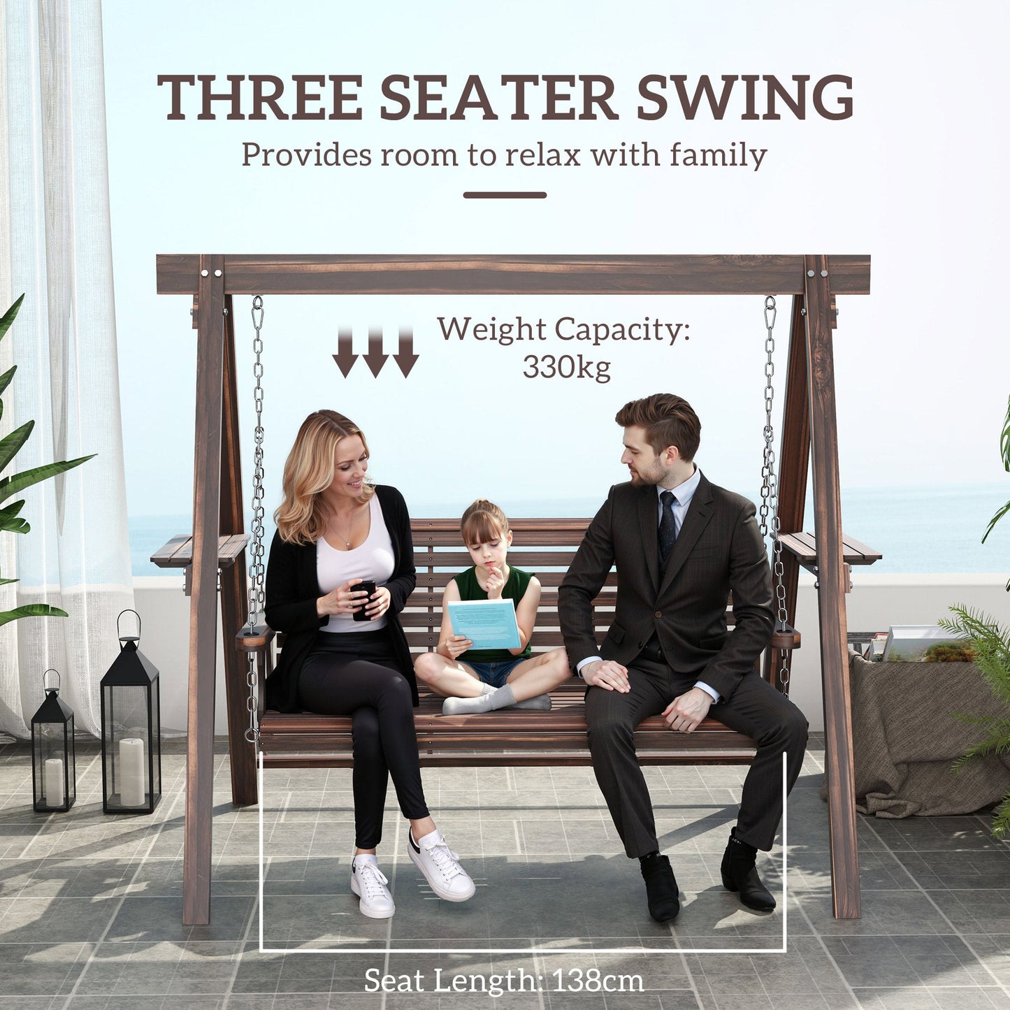 Outsunny 3 Seater Wooden Garden Swing Chair with Side Tables