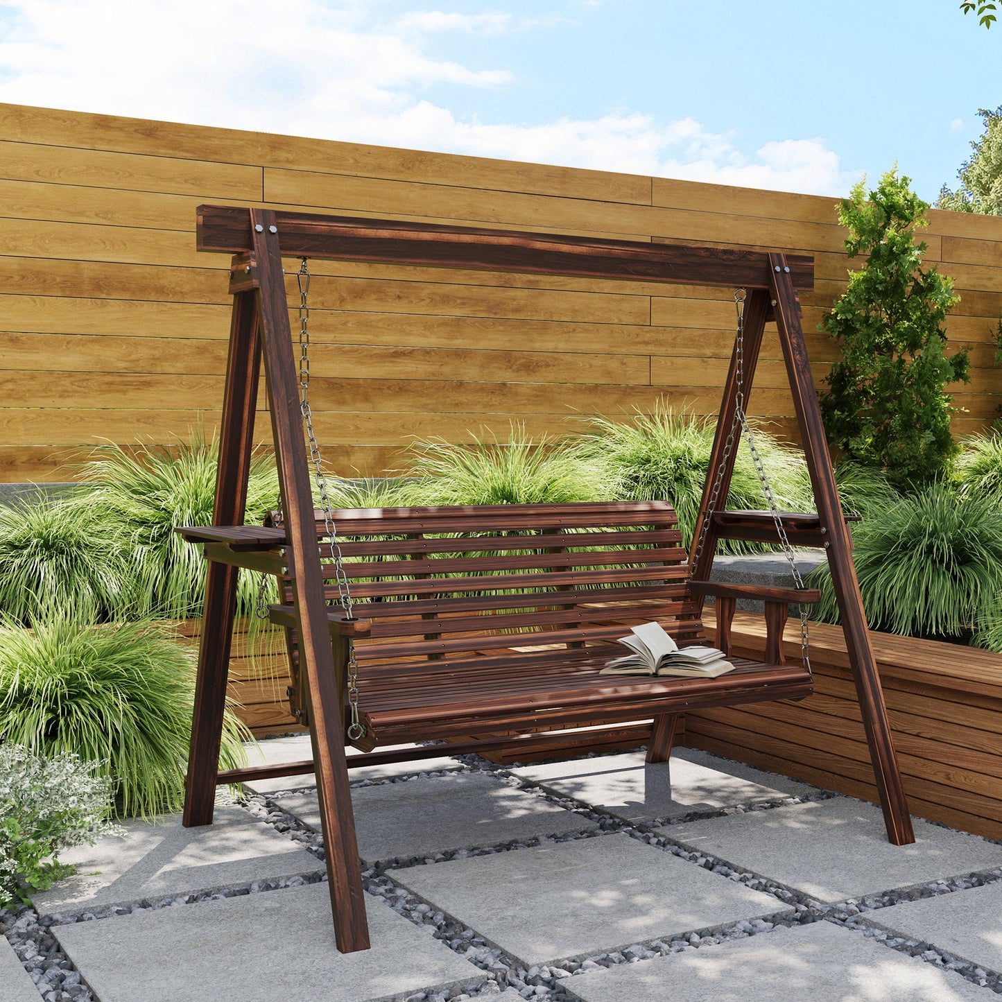 Outsunny 3 Seater Wooden Garden Swing Chair with Side Tables