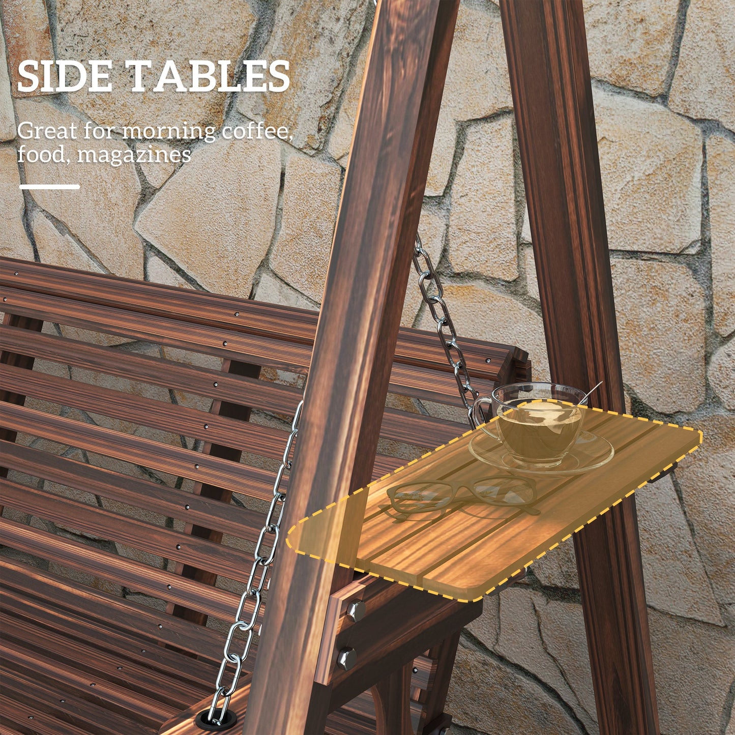 Outsunny 3 Seater Wooden Garden Swing Chair with Side Tables