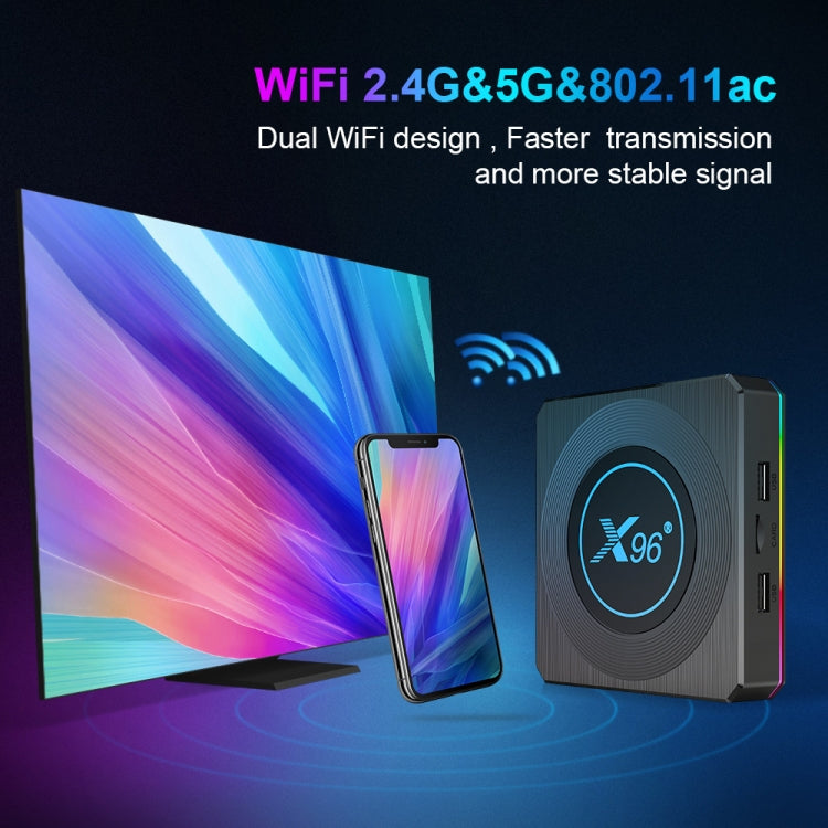 X96 X4 8K Smart TV BOX Android 11.0 Media Player with Remote Control, Amlogic S905X4 Quad Core ARM Cortex A55, RAM: 4GB, ROM: 32GB, Support 100M, Dual Band WiFi, Bluetooth, EU Plug, 4GB+32GB