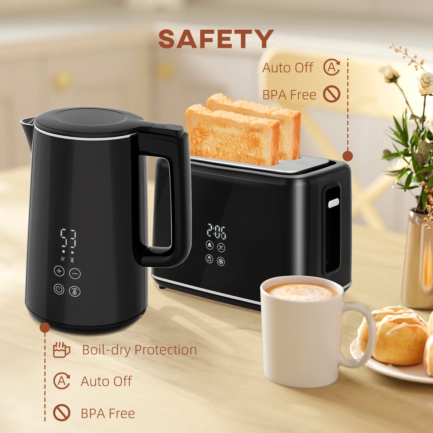 HOMCOM 1.5L 3000W Fast Boil Electric Kettle and 2 Slice Toaster Set
