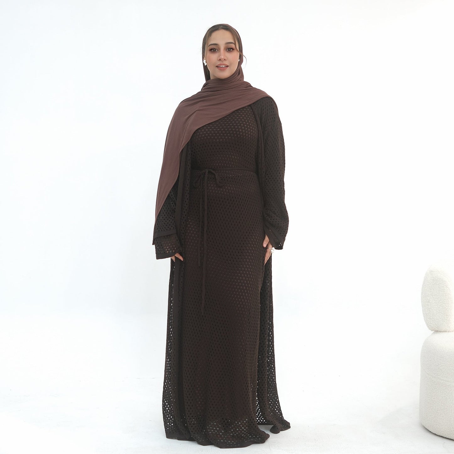 Elegant Hollow-Out Knit Dress - Modest A-Line Long Sleeve