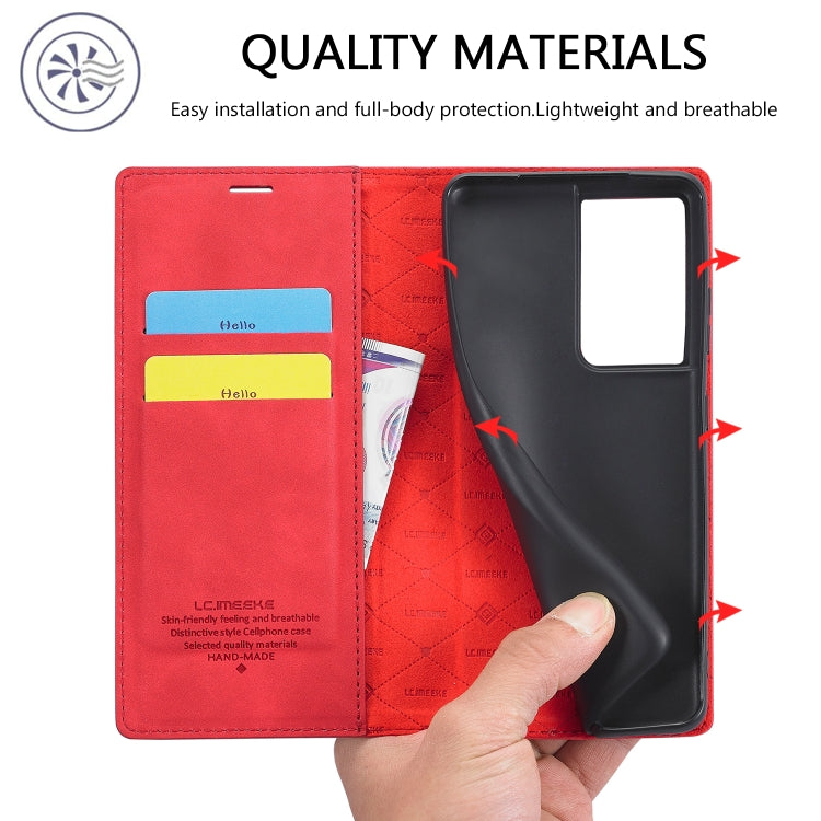 For Samsung Galaxy S21 Ultra 5G LC.IMEEKE Strong Magnetism Ultra-thin Horizontal Flip Matte TPU + PU Leather Case with Holder & Card Slots & Wallet(Red)