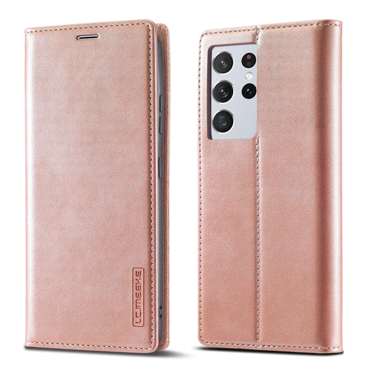 For Samsung Galaxy S21 Ultra 5G LC.IMEEKE Strong Magnetism Ultra-thin Horizontal Flip Matte TPU + PU Leather Case with Holder & Card Slots & Wallet(Rose Gold)