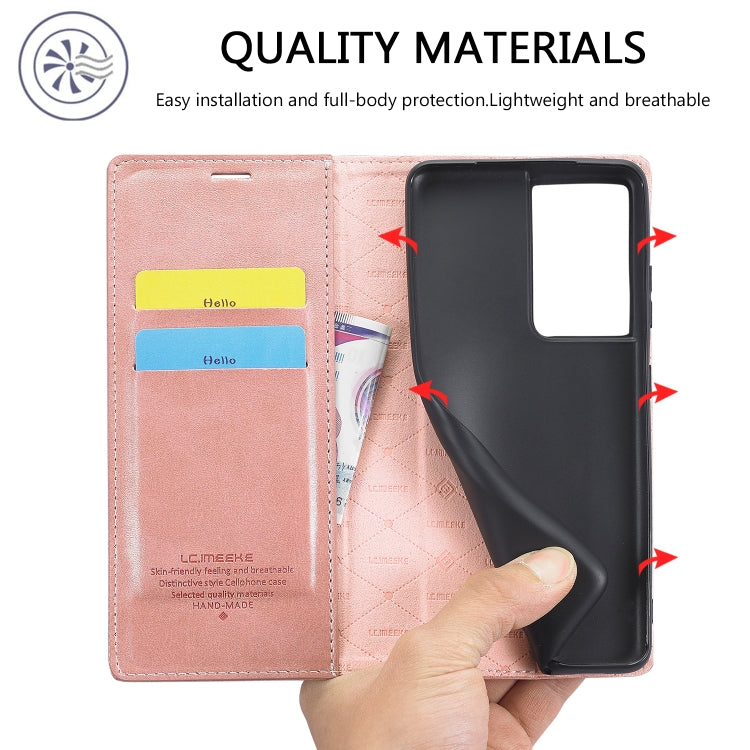 For Samsung Galaxy S21 Ultra 5G LC.IMEEKE Strong Magnetism Ultra-thin Horizontal Flip Matte TPU + PU Leather Case with Holder & Card Slots & Wallet(Rose Gold)