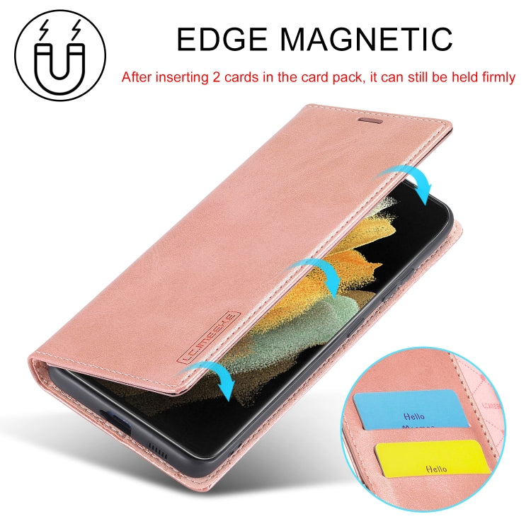 For Samsung Galaxy S21 Ultra 5G LC.IMEEKE Strong Magnetism Ultra-thin Horizontal Flip Matte TPU + PU Leather Case with Holder & Card Slots & Wallet(Rose Gold)