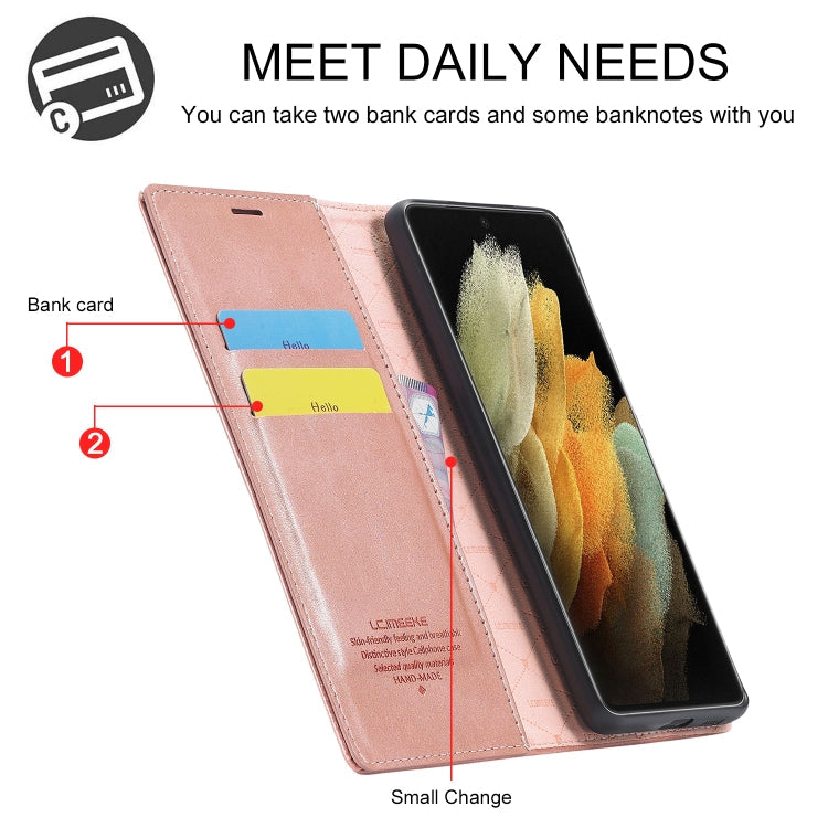 For Samsung Galaxy S21 Ultra 5G LC.IMEEKE Strong Magnetism Ultra-thin Horizontal Flip Matte TPU + PU Leather Case with Holder & Card Slots & Wallet(Rose Gold)