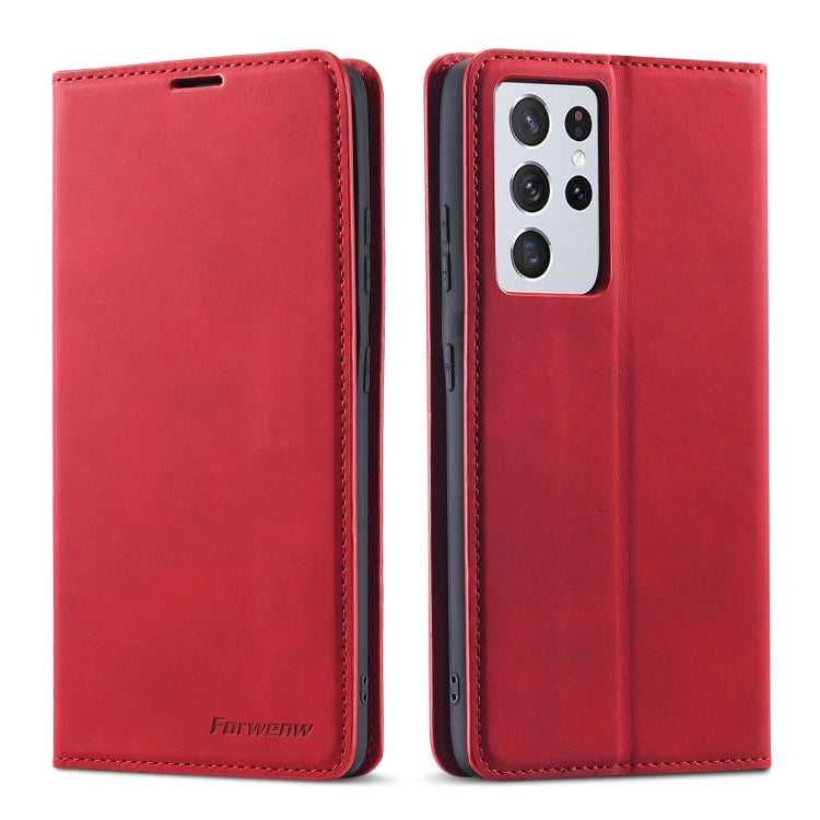 For Samsung Galaxy S21 Ultra 5G Forwenw Dream Series Oil Edge Strong Magnetism Horizontal Flip Leather Case with Holder & Card Slots & Wallet & Photo Frame(Red)