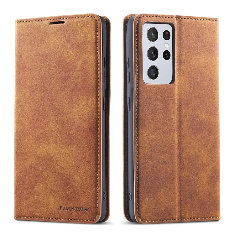 For Samsung Galaxy S21 Ultra 5G Forwenw Dream Series Oil Edge Strong Magnetism Horizontal Flip Leather Case with Holder & Card Slots & Wallet & Photo Frame(Brown)