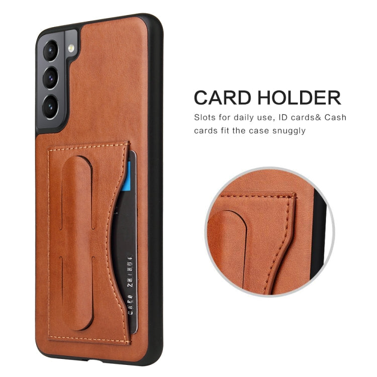 For Samsung Galaxy S21+ 5G Fierre Shann Full Coverage Protective Leather Case with Holder & Card Slot(Brown)