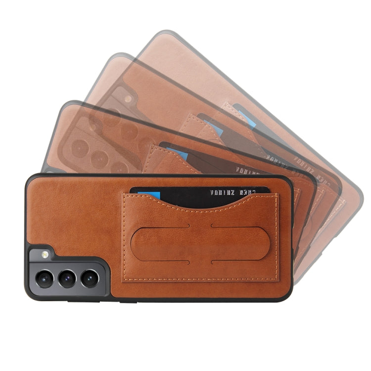 For Samsung Galaxy S21+ 5G Fierre Shann Full Coverage Protective Leather Case with Holder & Card Slot(Brown)