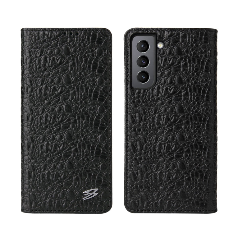 For Samsung Galaxy S21+ 5G Fierre Shann Crocodile Texture Magnetic Horizontal Flip Genuine Leather Case with Holder & Card Slot(Black)
