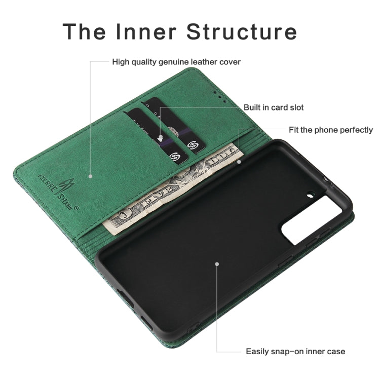 For Samsung Galaxy S21+ 5G Fierre Shann Crocodile Texture Magnetic Horizontal Flip Genuine Leather Case with Holder & Card Slot(Green)
