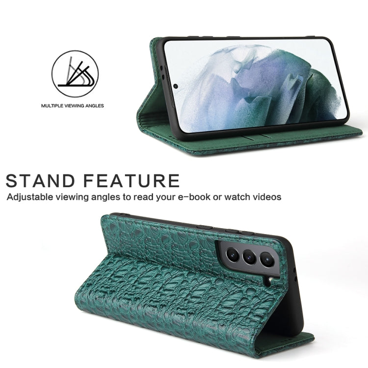 For Samsung Galaxy S21 Ultra 5G Fierre Shann Crocodile Texture Magnetic Horizontal Flip Genuine Leather Case with Holder & Card Slot(Green)