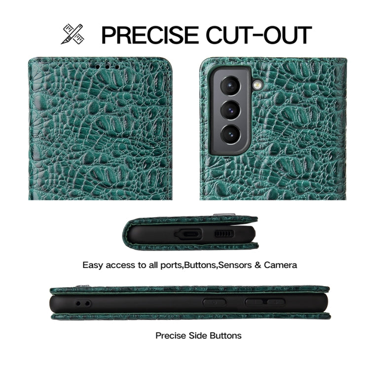 For Samsung Galaxy S21 Ultra 5G Fierre Shann Crocodile Texture Magnetic Horizontal Flip Genuine Leather Case with Holder & Card Slot(Green)