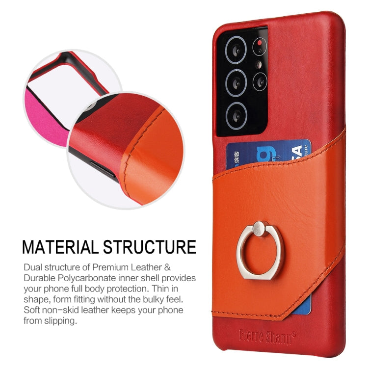For Samsung Galaxy S21+ 5G Fierre Shann Oil Wax Texture Genuine Leather Back Cover Case with 360 Degree Rotation Holder & Card Slot(Red)