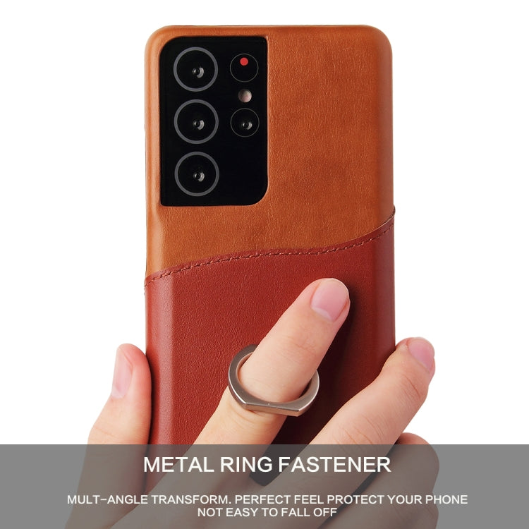 For Samsung Galaxy S21+ 5G Fierre Shann Oil Wax Texture Genuine Leather Back Cover Case with 360 Degree Rotation Holder & Card Slot(Brown)