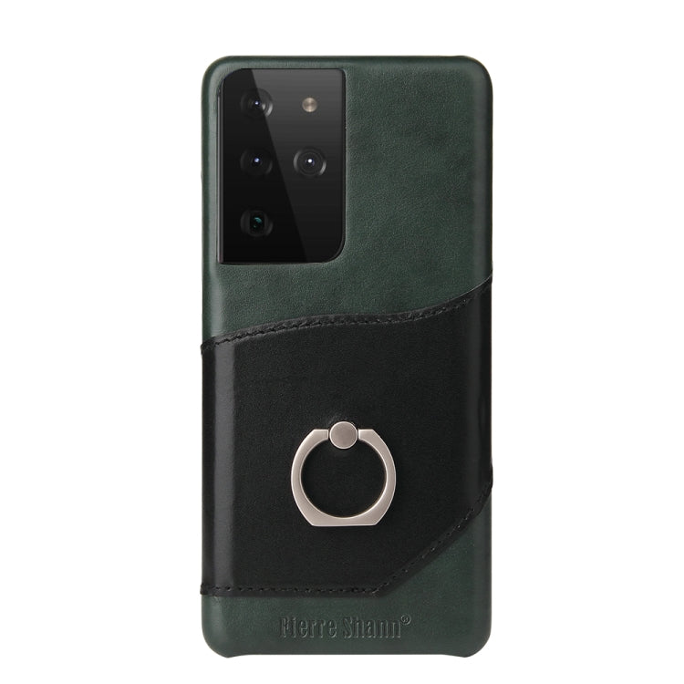 For Samsung Galaxy S21 Ultra 5G Fierre Shann Oil Wax Texture Genuine Leather Back Cover Case with 360 Degree Rotation Holder & Card Slot(Black)