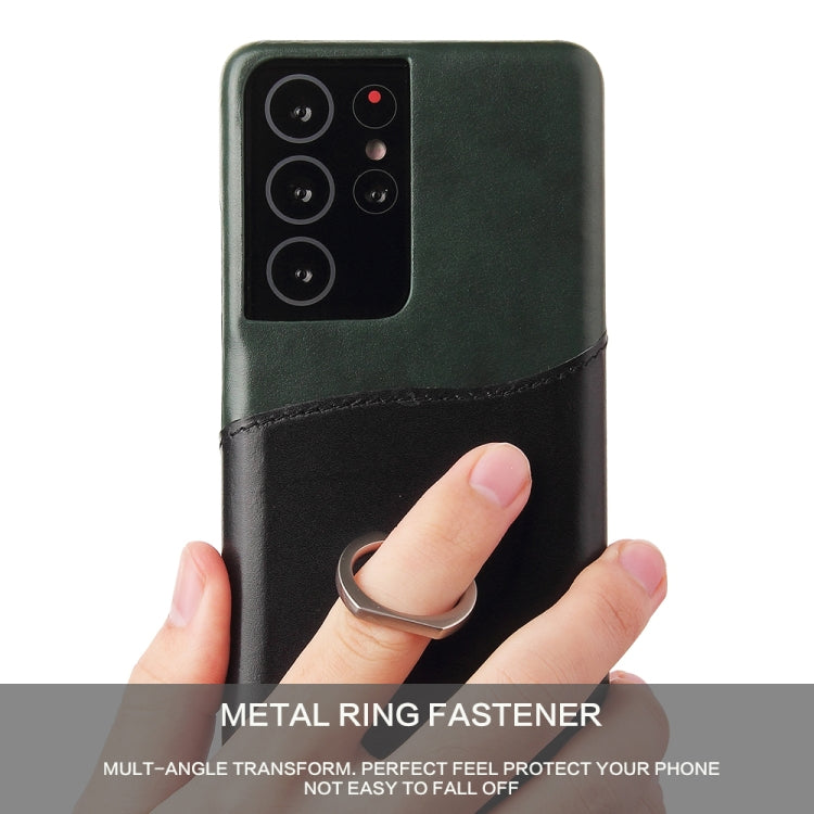 For Samsung Galaxy S21 Ultra 5G Fierre Shann Oil Wax Texture Genuine Leather Back Cover Case with 360 Degree Rotation Holder & Card Slot(Black)