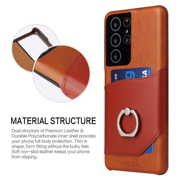 For Samsung Galaxy S21 Ultra 5G Fierre Shann Oil Wax Texture Genuine Leather Back Cover Case with 360 Degree Rotation Holder & Card Slot(Brown)