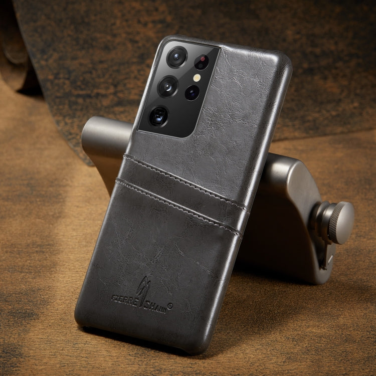 For Samsung Galaxy S21 Ultra 5G Fierre Shann Oil Wax Texture Leather Back Cover Case(Grey)