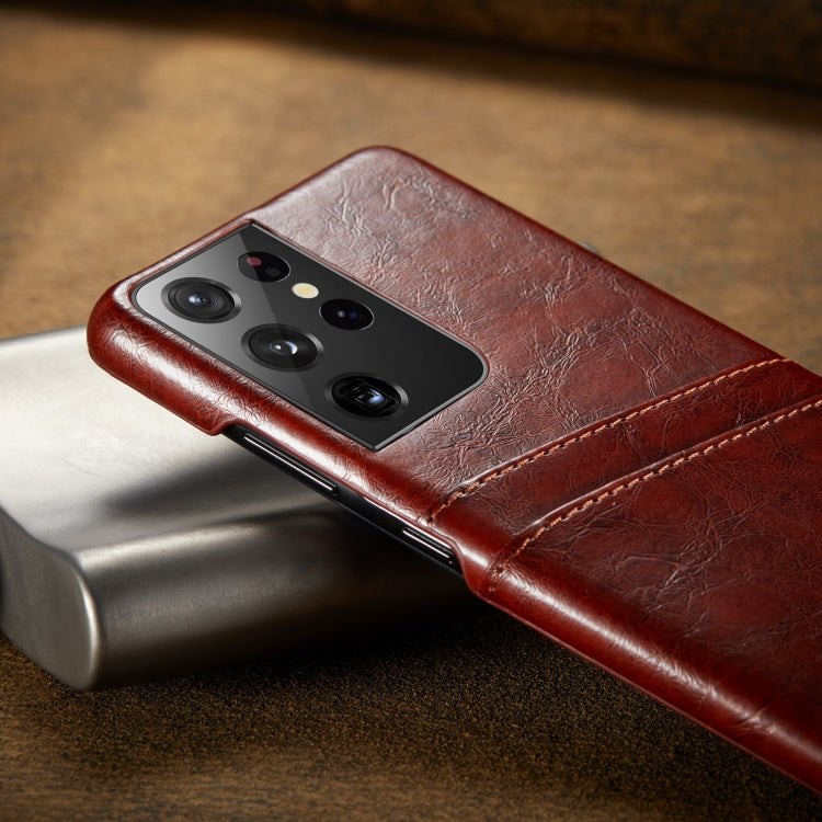 For Samsung Galaxy S21 Ultra 5G Fierre Shann Oil Wax Texture Leather Back Cover Case(Brown)