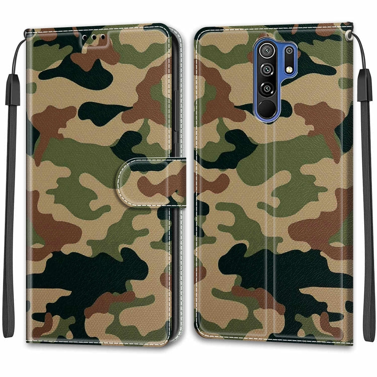 For Xiaomi Redmi 9 Voltage Coloured Drawing Magnetic Clasp Horizontal Flip PU Leather Case with Holder & Card Slots(C12 Green Yellow Camouflage)