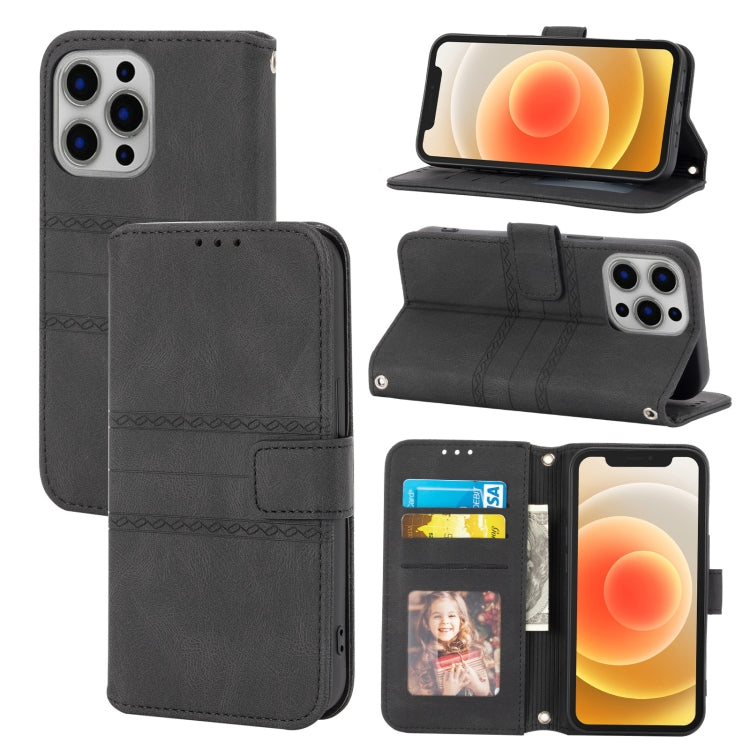 Embossed Striped Magnetic Buckle PU + TPU Horizontal Flip Leather Case with Holder & Card Slot & Wallet & Photo Frame & Sling, For iPhone 12 Pro, For iPhone 12 Pro Max, For iPhone 11, For iPhone 11 Pro