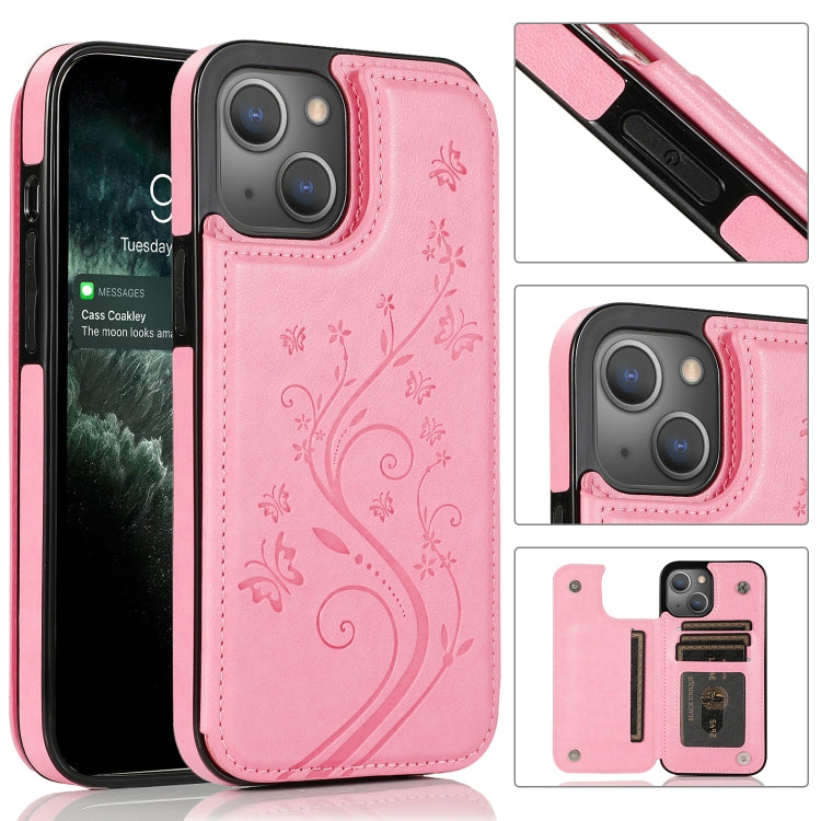 Butterflies Flowers Double Buckle PU + TPU Protective Case with Holder & Card Slots & Photo Frame, For iPhone 13 mini, For iPhone 13