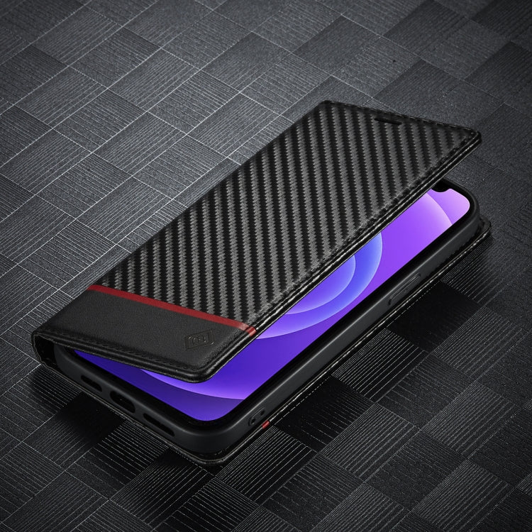 For iPhone 13 LC.IMEEKE Carbon Fiber PU + TPU Horizontal Flip Leather Case with Holder & Card Slot & Wallet(Horizontal Black)