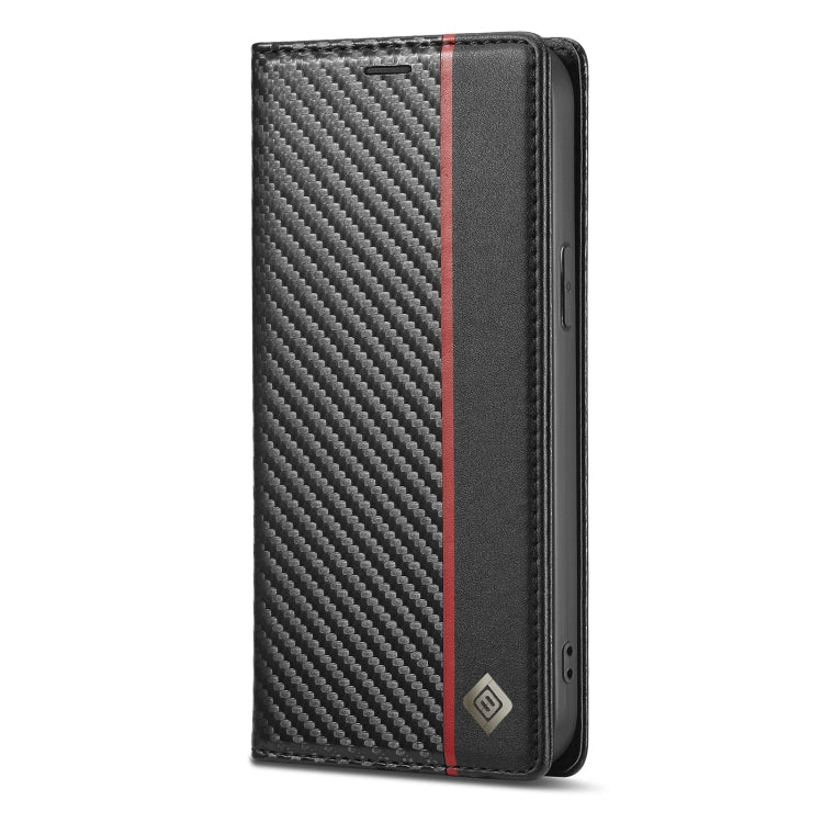 For iPhone 13 Pro Max LC.IMEEKE Carbon Fiber PU + TPU Horizontal Flip Leather Case with Holder & Card Slot & Wallet (Vertical Black)