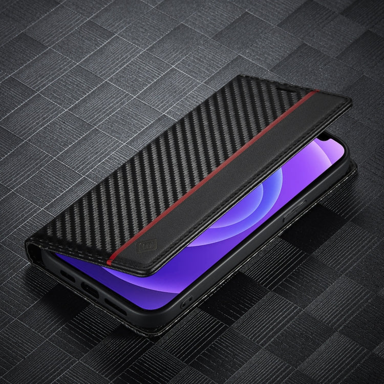For iPhone 13 Pro Max LC.IMEEKE Carbon Fiber PU + TPU Horizontal Flip Leather Case with Holder & Card Slot & Wallet (Vertical Black)