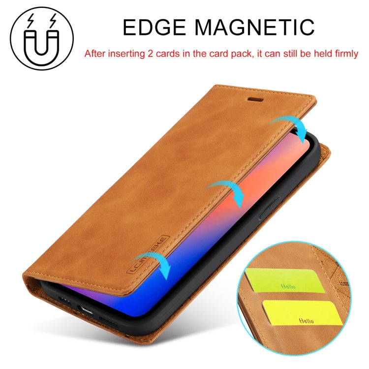 For iPhone 13 mini LC.IMEEKE Strong Magnetic PU + Matte TPU Horizontal Flip Leather Case with Holder & Card Slots & Wallet (Brown)