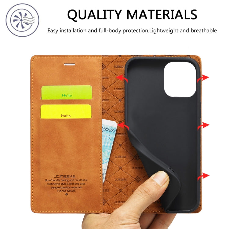 For iPhone 13 mini LC.IMEEKE Strong Magnetic PU + Matte TPU Horizontal Flip Leather Case with Holder & Card Slots & Wallet (Brown)