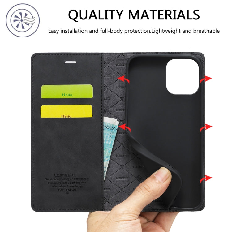 For iPhone 13 LC.IMEEKE Strong Magnetic PU + Matte TPU Horizontal Flip Leather Case with Holder & Card Slots & Wallet(Black)