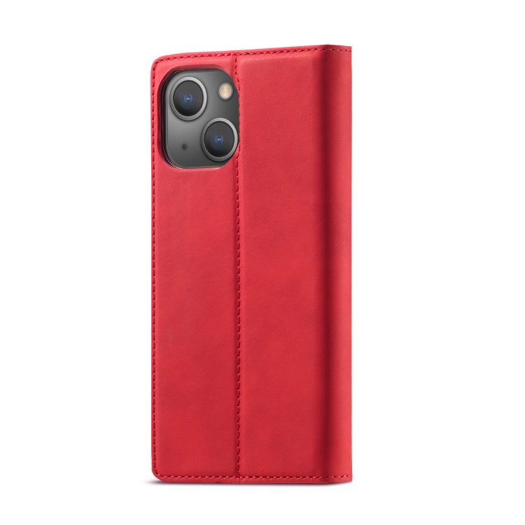 For iPhone 13 LC.IMEEKE Strong Magnetic PU + Matte TPU Horizontal Flip Leather Case with Holder & Card Slots & Wallet(Red)