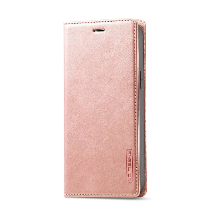 For iPhone 13 LC.IMEEKE Strong Magnetic PU + Matte TPU Horizontal Flip Leather Case with Holder & Card Slots & Wallet(Rose Gold)